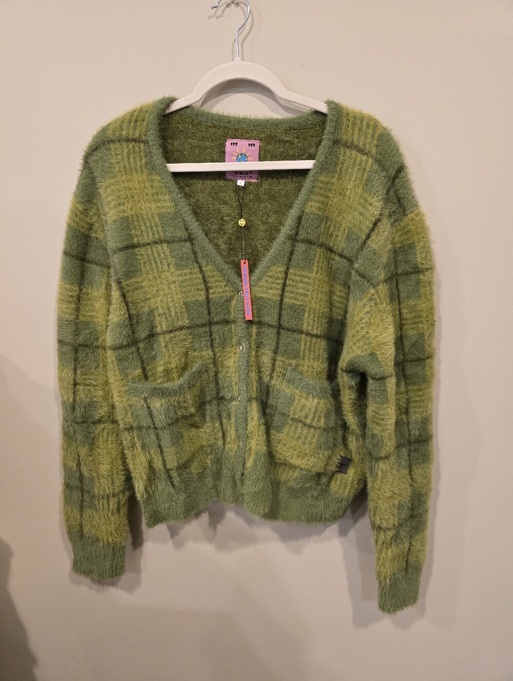 UNIF Green Plaid V-Neck Fuzzy Cardigan
